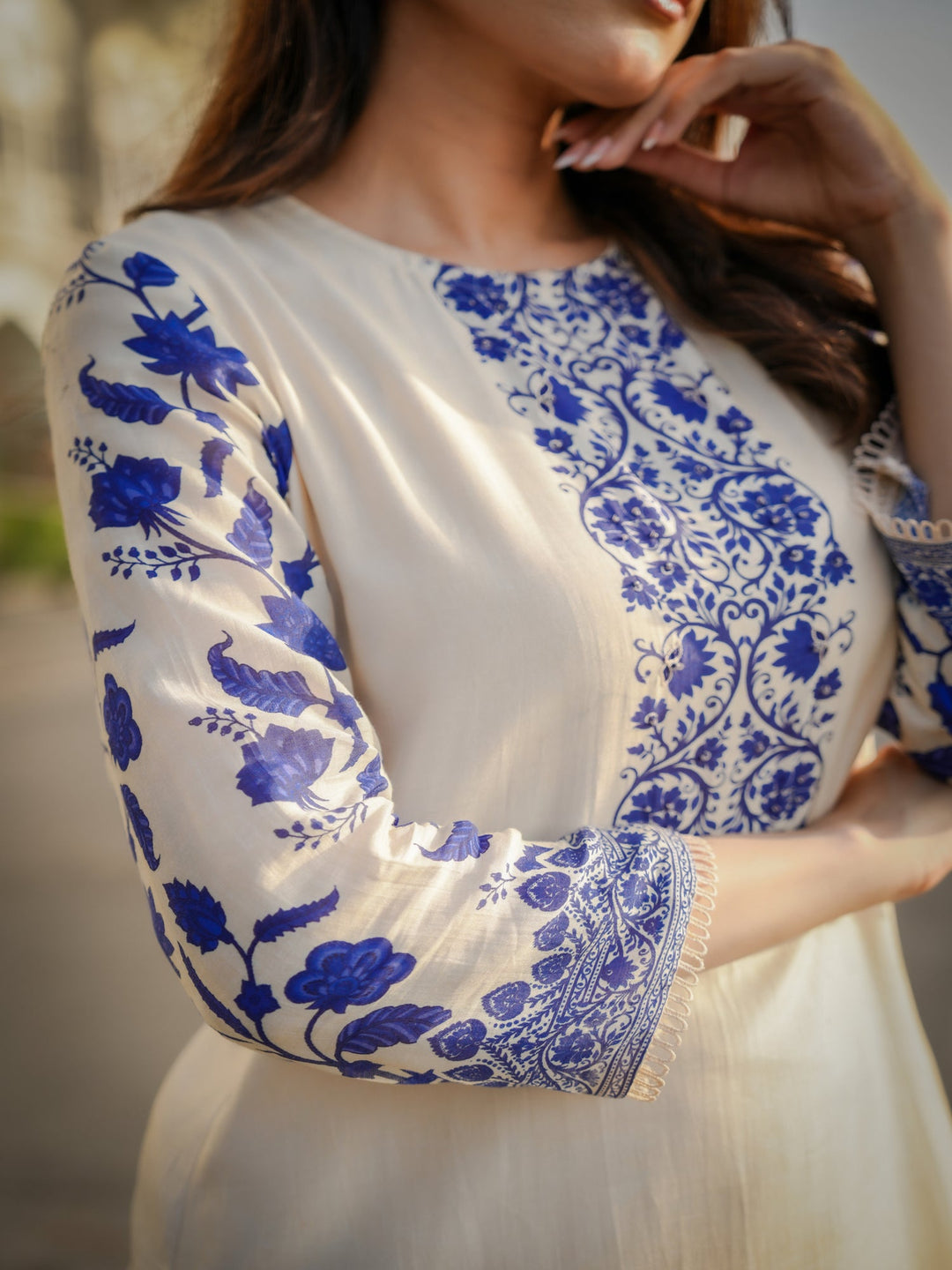 Off White Beigish Pure Muslin Suroop Blue Buti Kurta with Parallel Pants-SET OF 2 | SHOBITAM