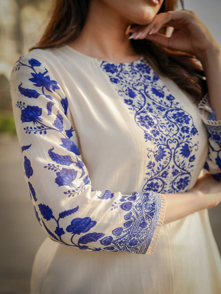 Off White Beigish Pure Muslin Suroop Blue Buti Kurta with Parallel Pants-SET OF 2 | SHOBITAM
