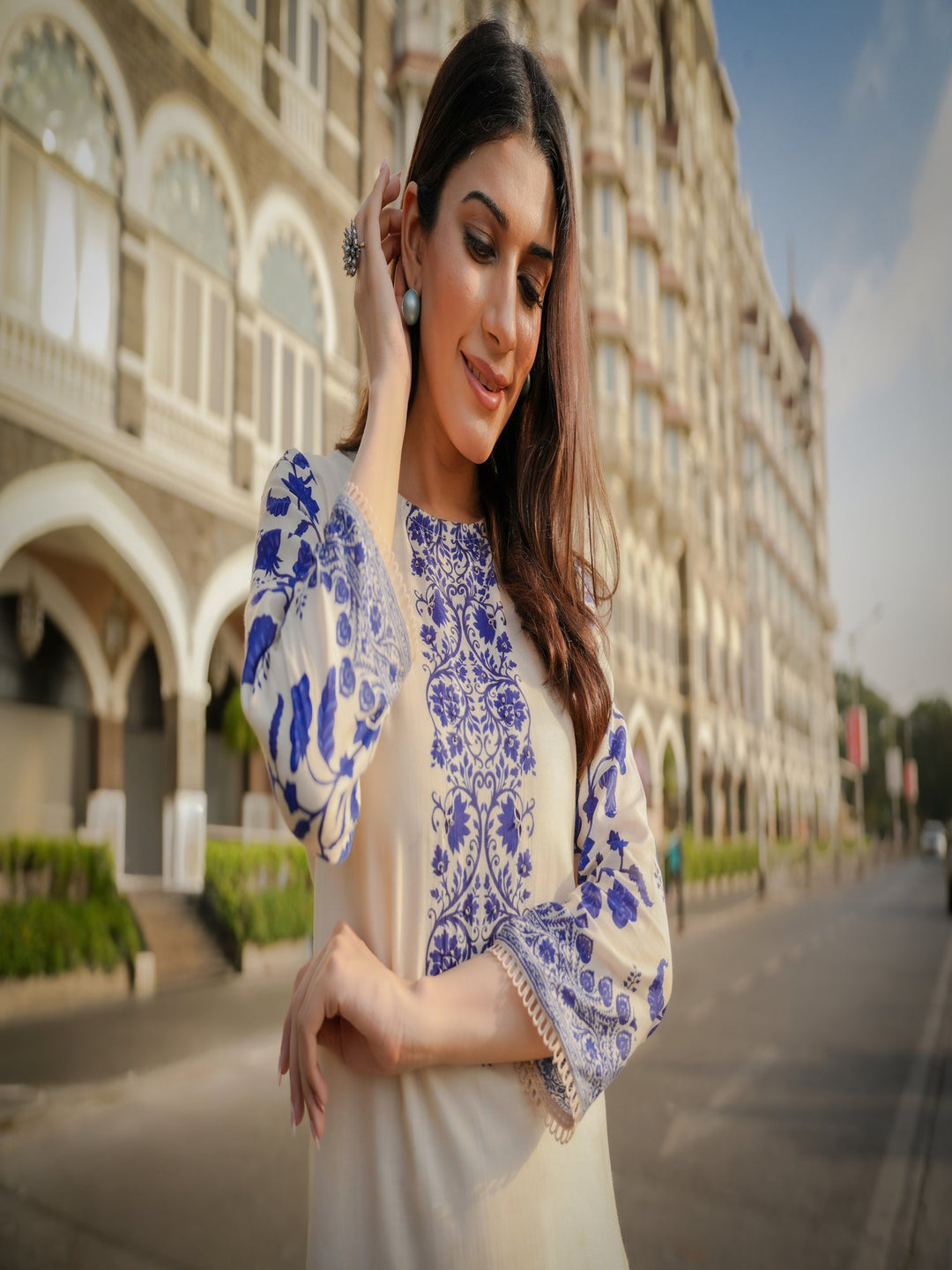 Off White Beigish Pure Muslin Suroop Blue Buti Kurta with Parallel Pants-SET OF 2 | SHOBITAM