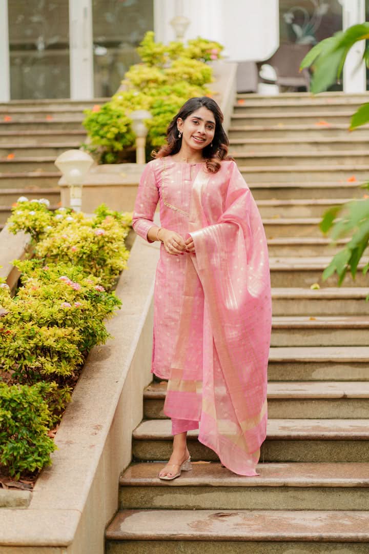 Pastel Pink Kurti, Pant, and Dupatta 3-Piece Set | Made To Order