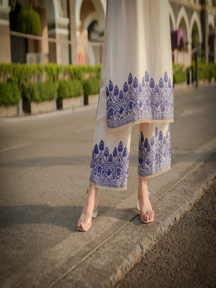 Off White Beigish Pure Muslin Suroop Blue Buti Kurta with Parallel Pants-SET OF 2 | SHOBITAM