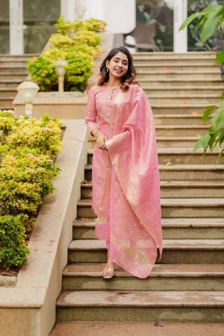 Pastel Pink Kurti, Pant, and Dupatta 3-Piece Set | Made To Order