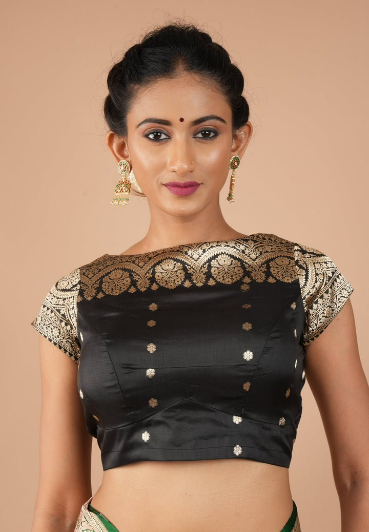 Pure Banarasi Black Silk blouse with Zari Yoke detailing, Customizable, Made to Order