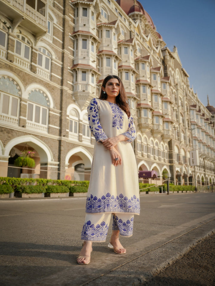 Off White Beigish Pure Muslin Suroop Blue Buti Kurta with Parallel Pants-SET OF 2 | SHOBITAM
