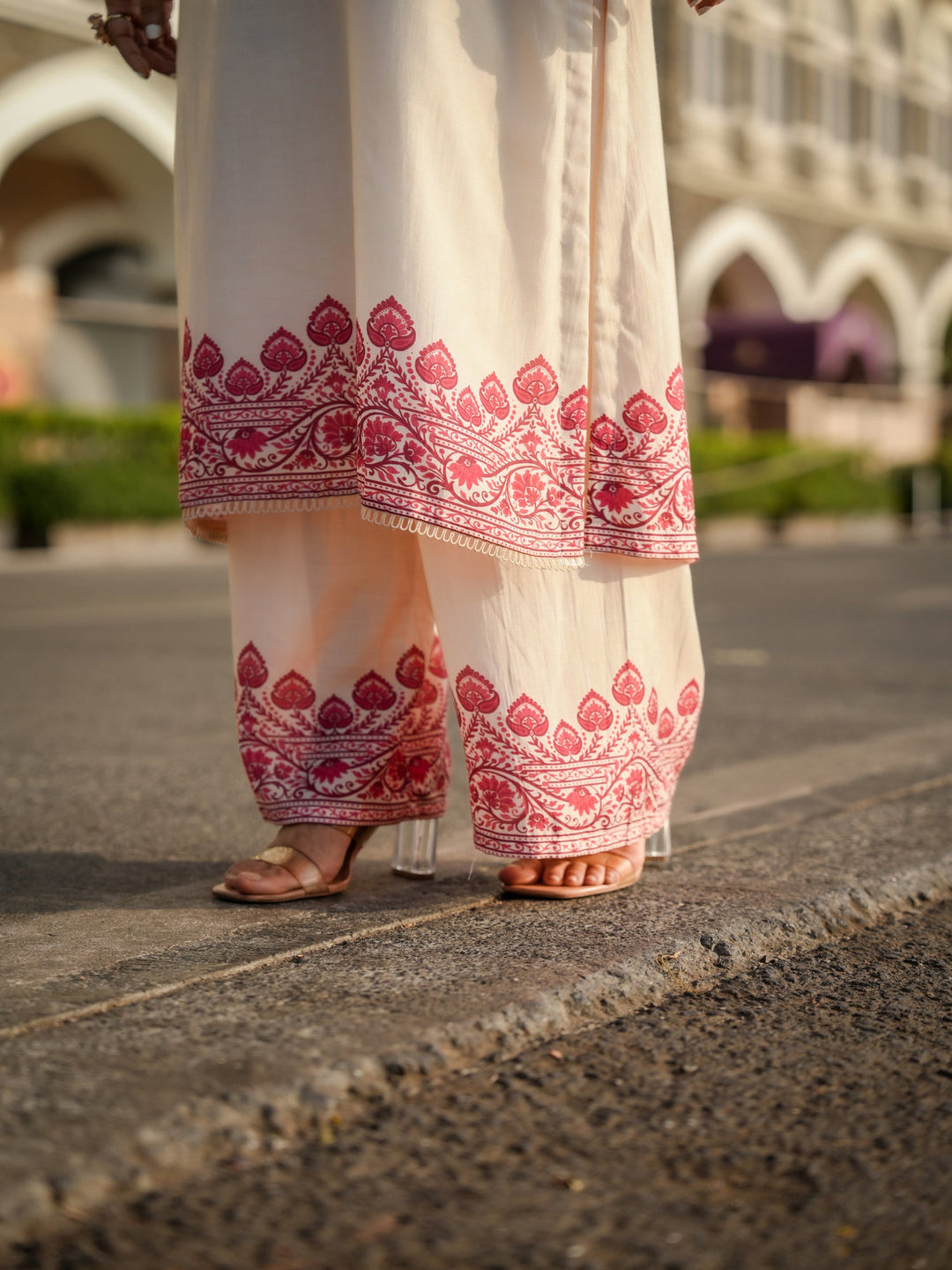 Off White Beigish Pure Muslin Suroop Red Buti Kurta with Parallel Pants-SET OF 2 | SHOBITAM