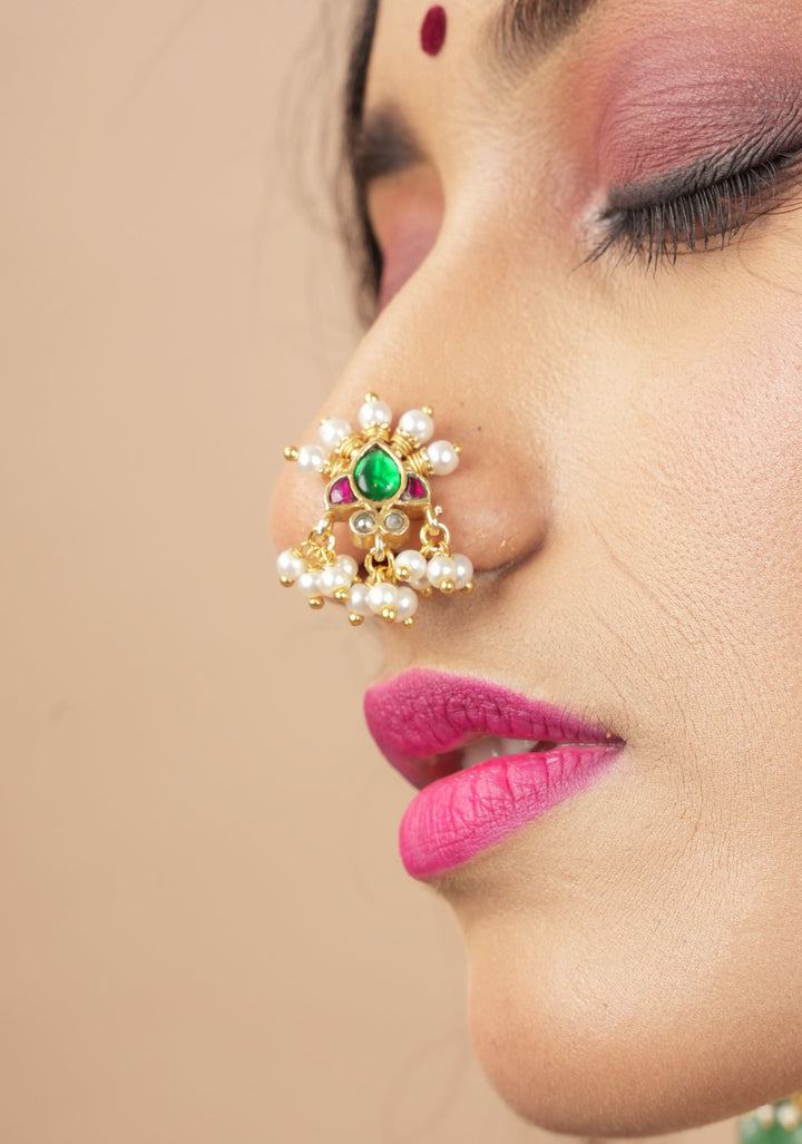Jadau Kundan Clip or nose pin with white dangling beads | Shobitam Jewelry