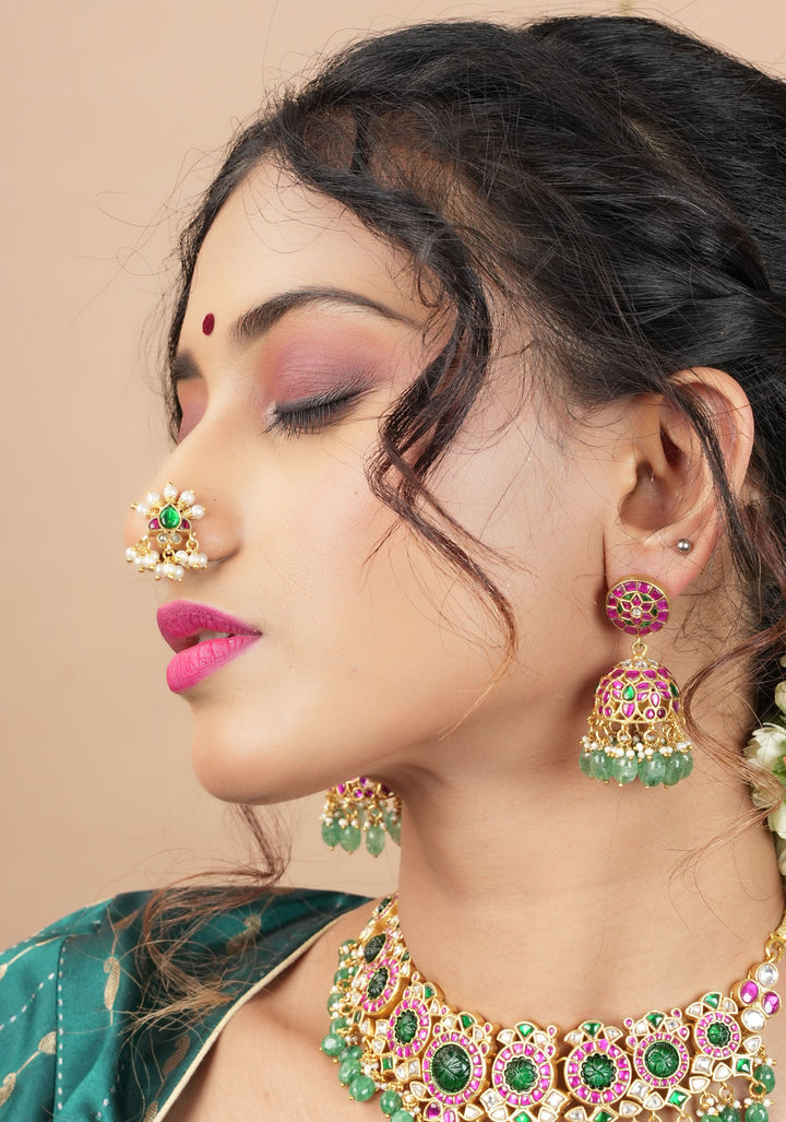 Jadau Kundan Clip or nose pin with white dangling beads | Shobitam Jewelry