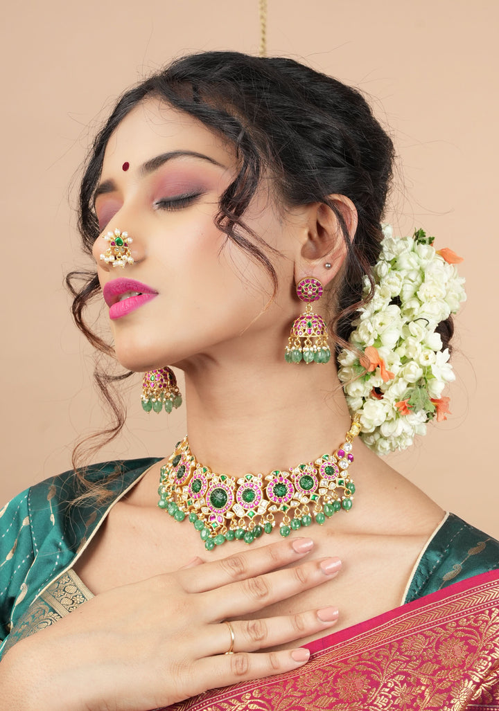 Jadau Kundan Clip or nose pin with white dangling beads | Shobitam Jewelry