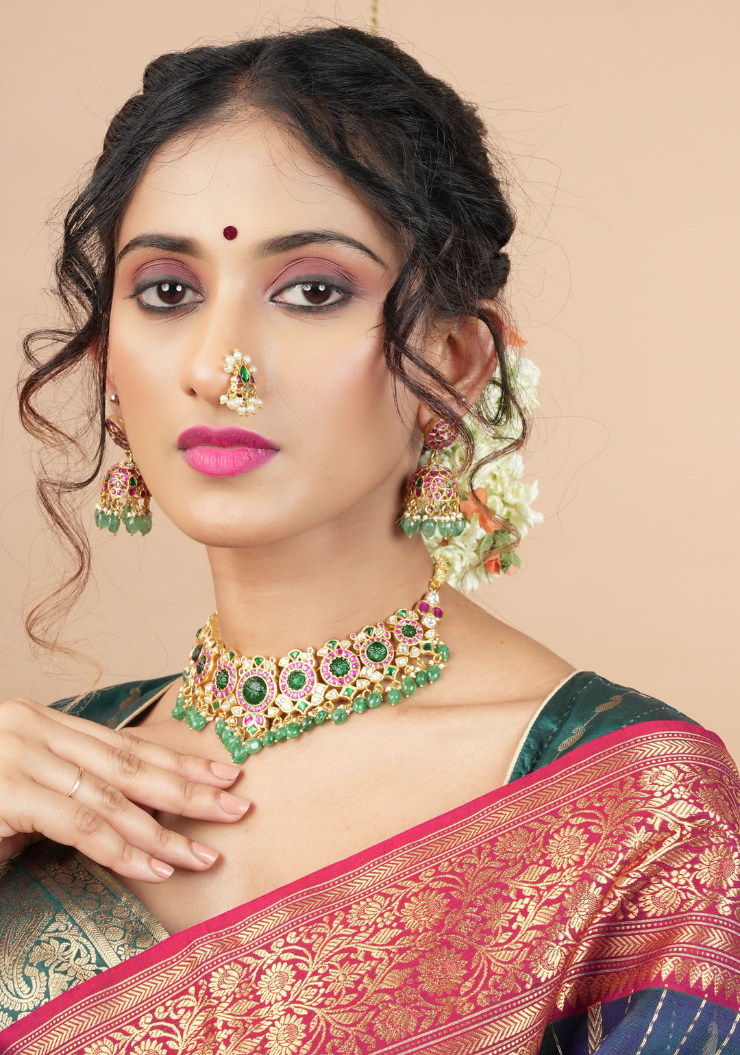 Jadau Kundan Clip or nose pin with white dangling beads | Shobitam Jewelry
