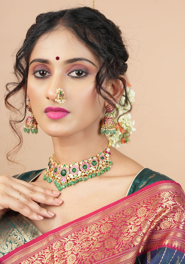 Jadau Kundan Clip or nose pin with white dangling beads | Shobitam Jewelry