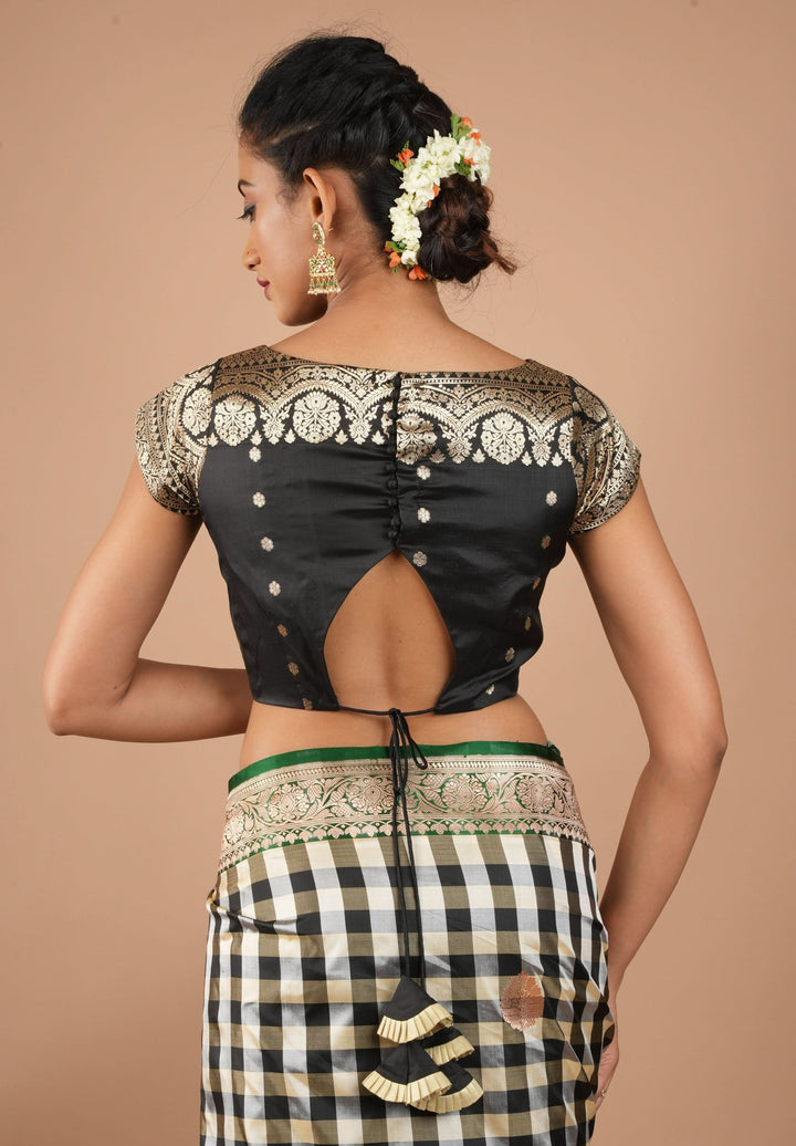 Pure Banarasi Black Silk blouse with Zari Yoke detailing, Customizable, Made to Order