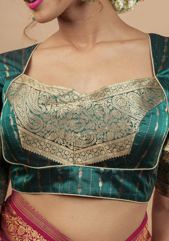 Peacock Blue Banarasi buti blouse with zari yoke detailing, made to order