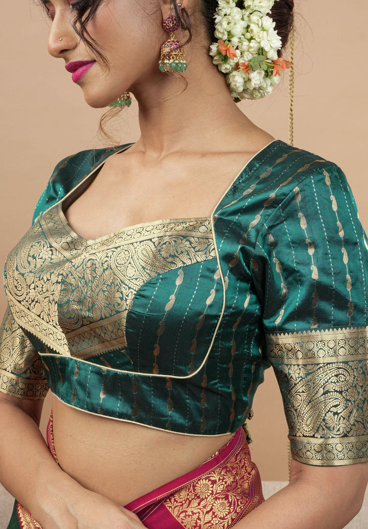 Peacock Blue Banarasi buti blouse with zari yoke detailing, made to order