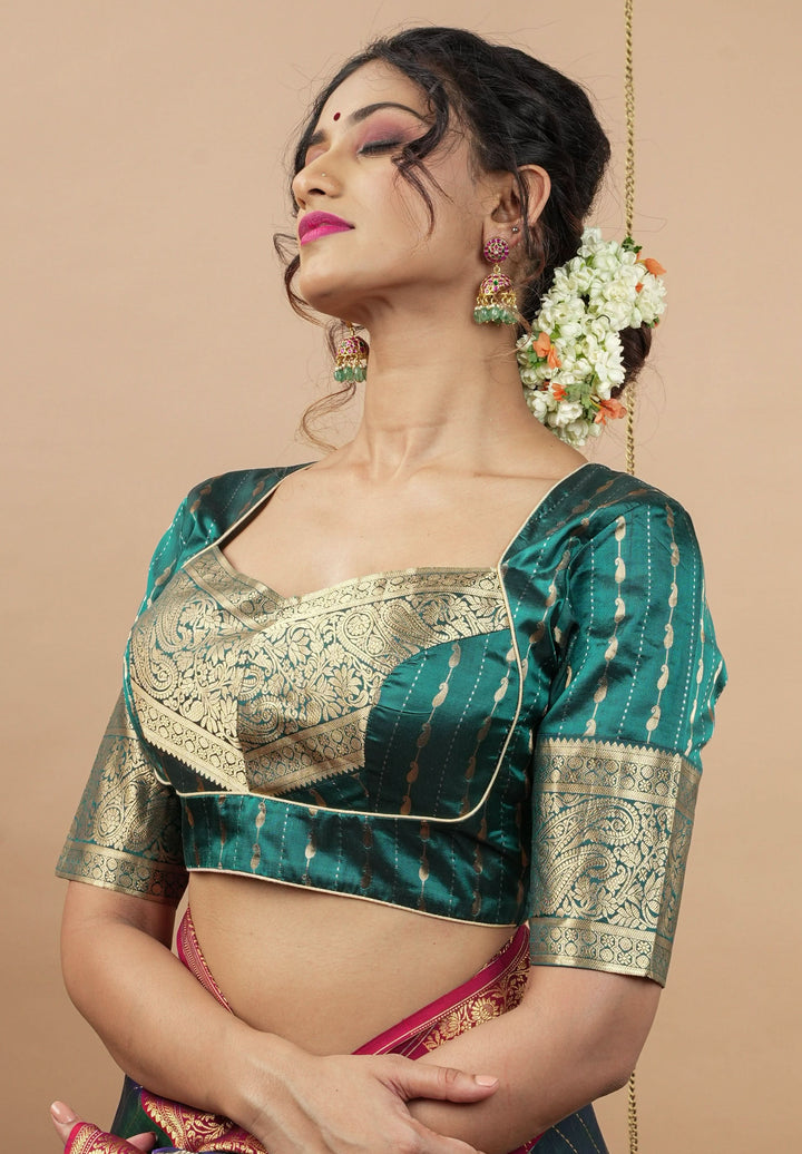 Peacock Blue Banarasi buti blouse with zari yoke detailing, made to order