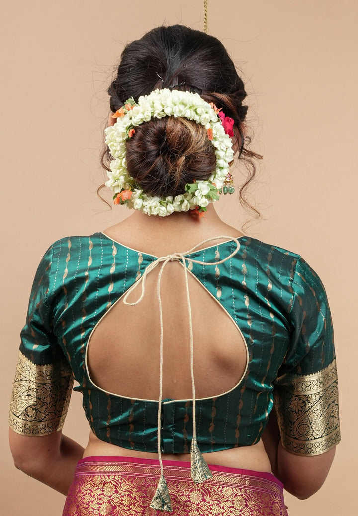 Peacock Blue Banarasi buti blouse with zari yoke detailing, made to order