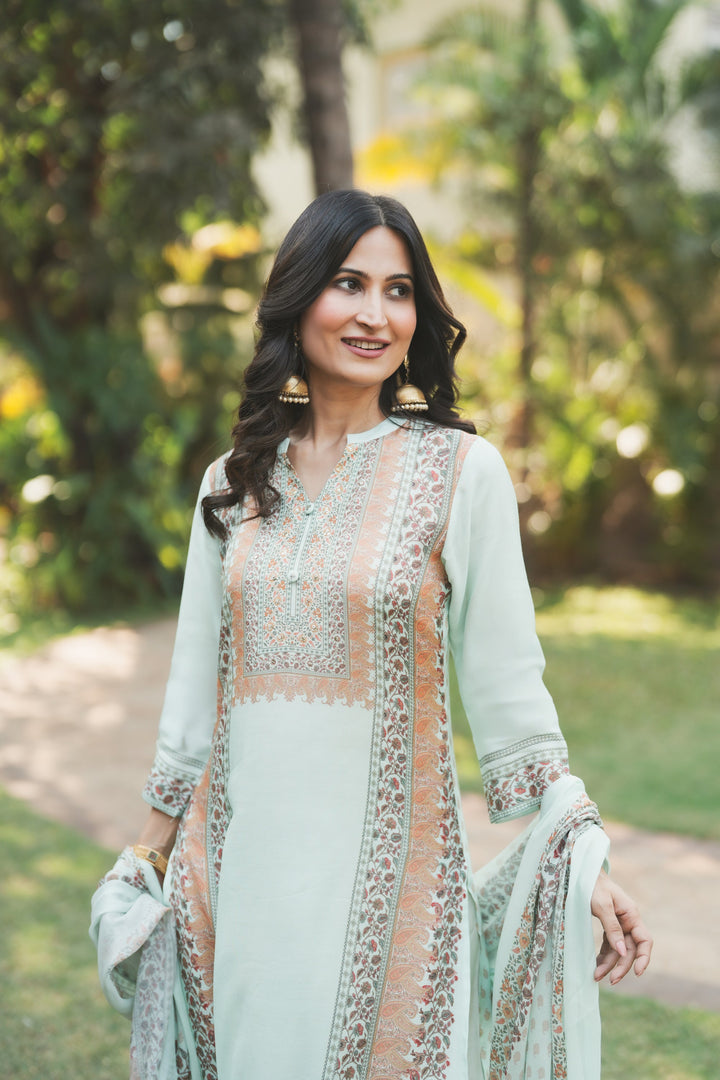 Noor Mahal Mint Green Muslin Suit Set- SET OF -3 | SHOBITAM