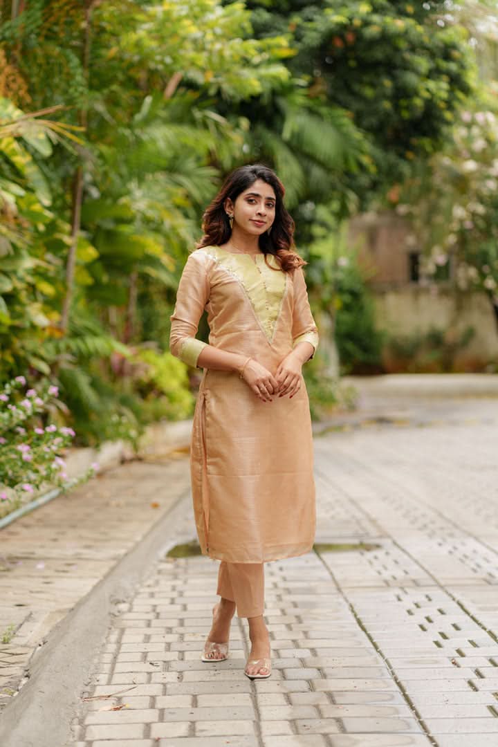 Abhinaya Beige Kurti, Pant, and Dupatta 3-Piece Set | Made to Order