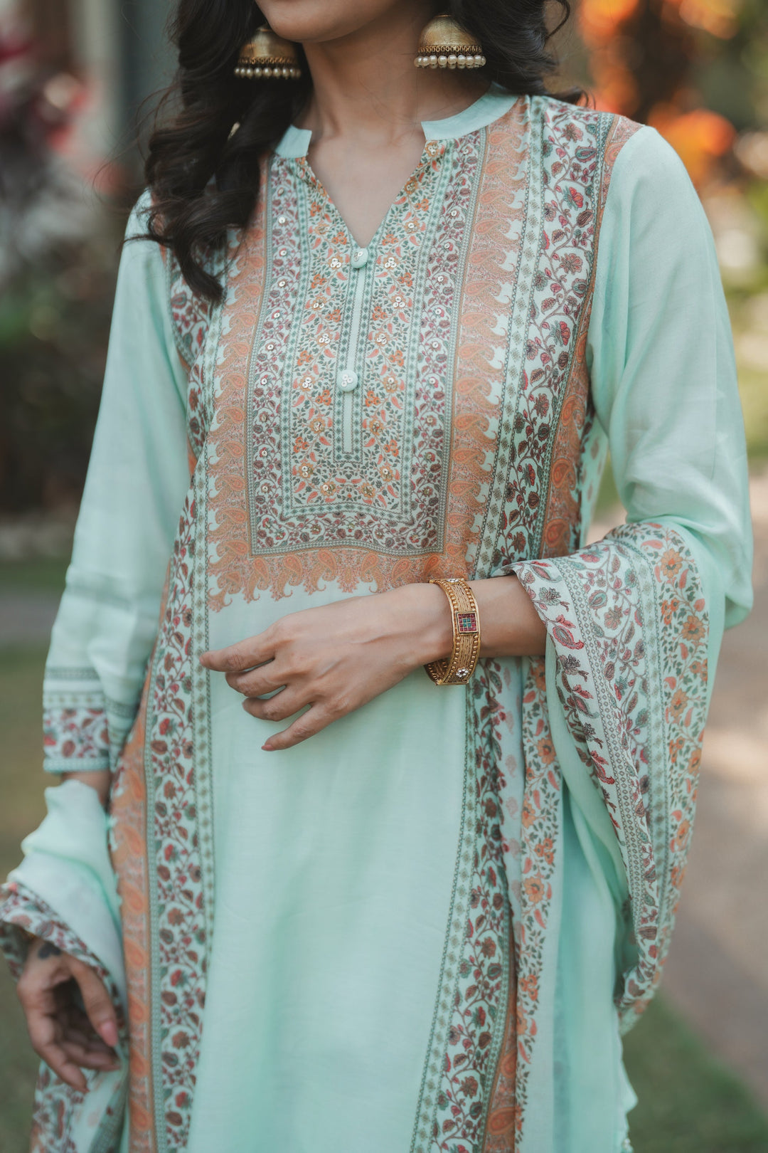 Noor Mahal Mint Green Muslin Suit Set- SET OF -3 | SHOBITAM