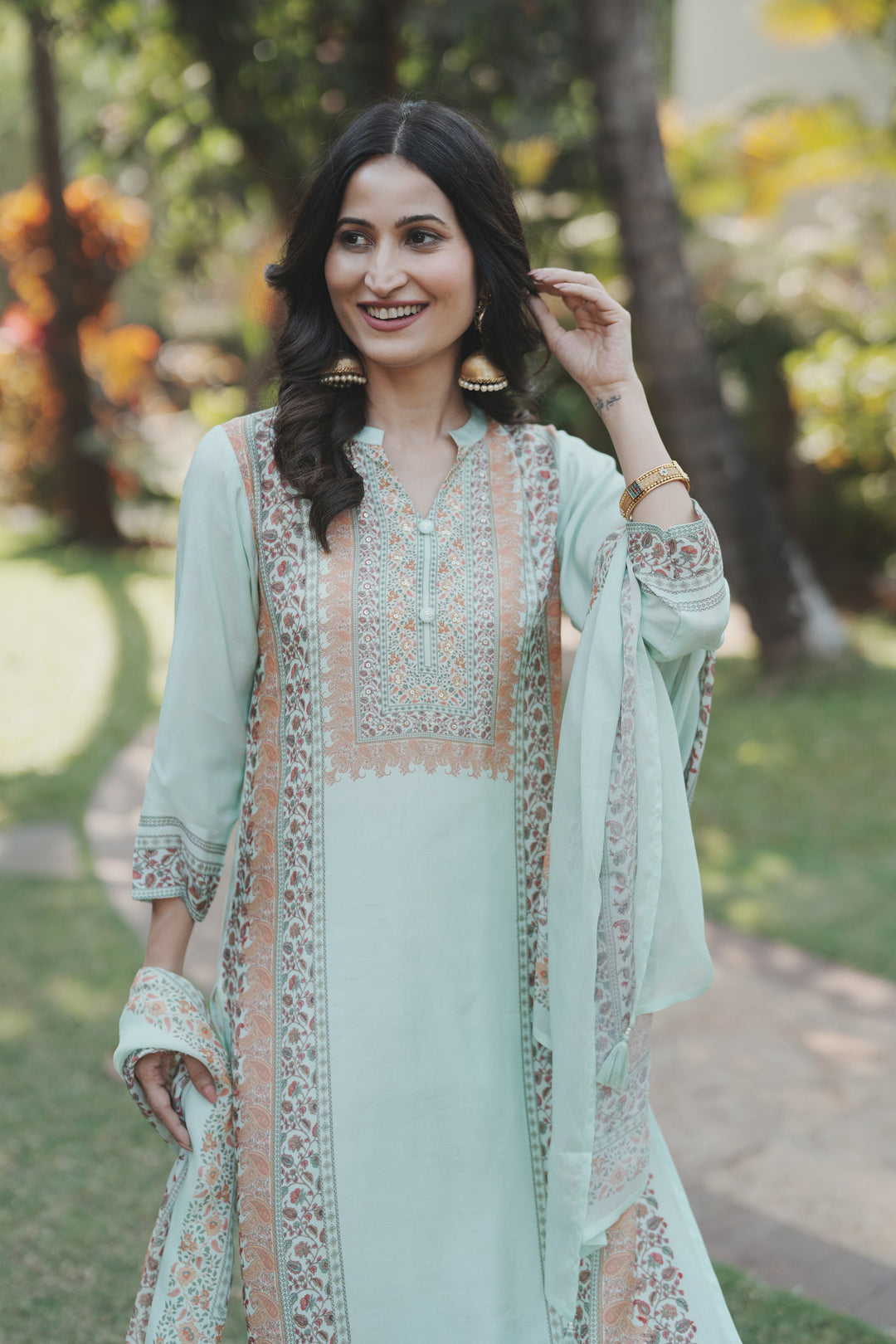 Noor Mahal Mint Green Muslin Suit Set- SET OF -3 | SHOBITAM