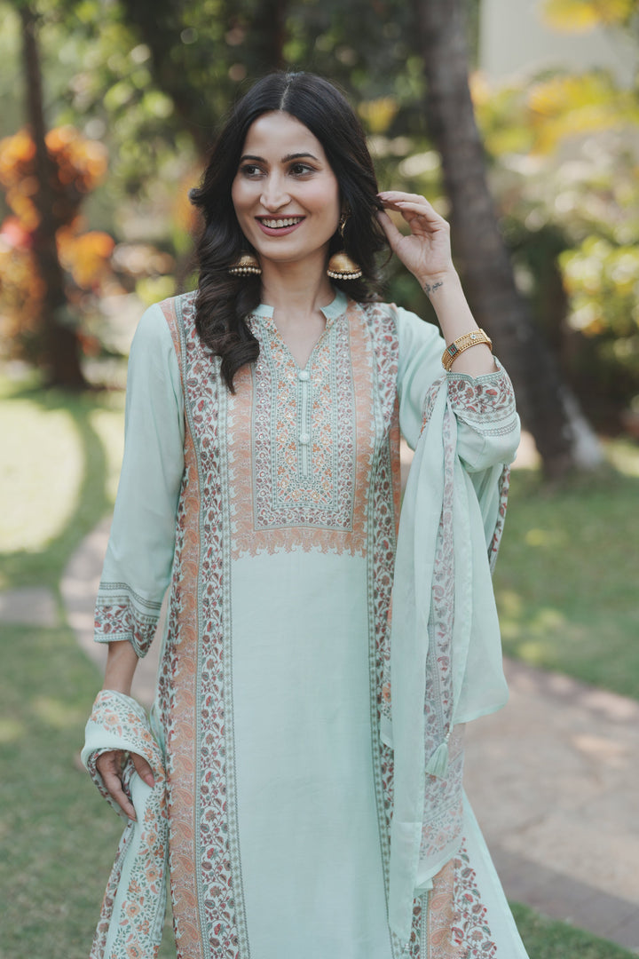 Noor Mahal Mint Green Muslin Suit Set- SET OF -3 | SHOBITAM