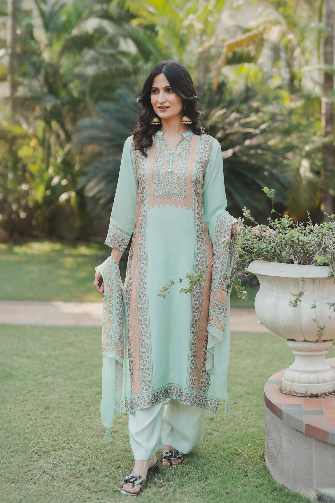Noor Mahal Mint Green Muslin Suit Set- SET OF -3 | SHOBITAM