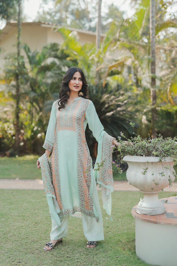 Noor Mahal Mint Green Muslin Suit Set- SET OF -3 | SHOBITAM