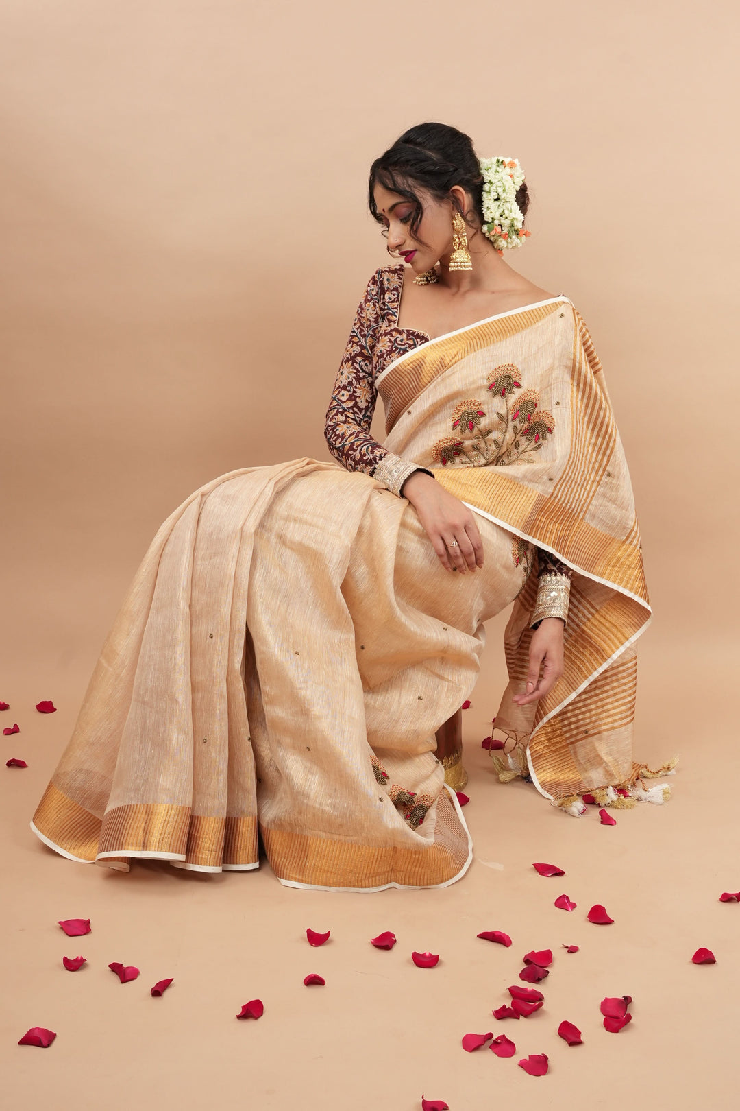 Tissue Linen Saree in Tan Tissue with  Bead and embroidery handwork