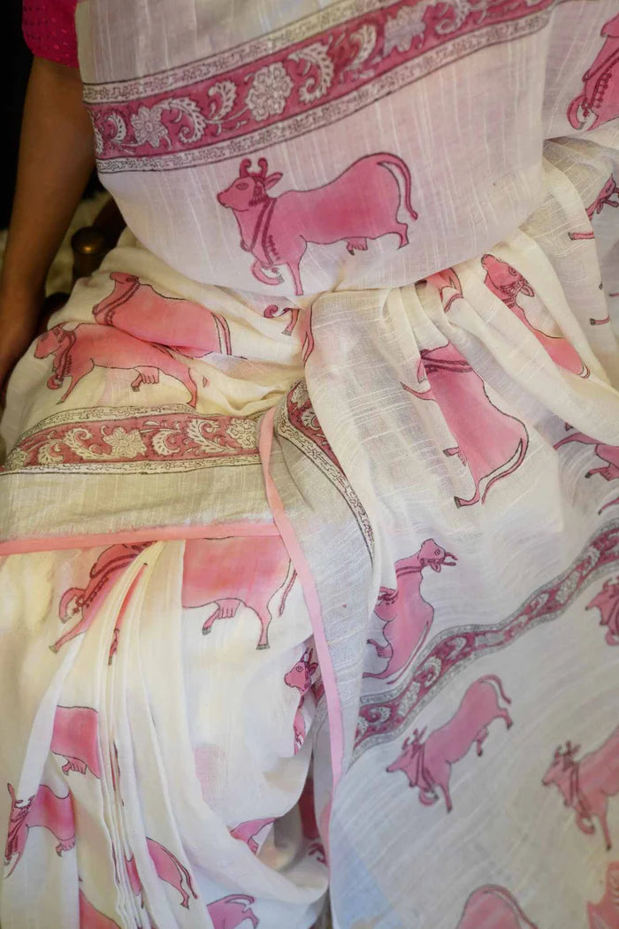White Beautiful Soft Cotton Mulmul Pichwai Block Printed With Border Wrap In One Minute Saree