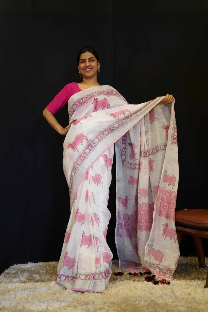 White Beautiful Soft Cotton Mulmul Pichwai Block Printed With Border Wrap In One Minute Saree