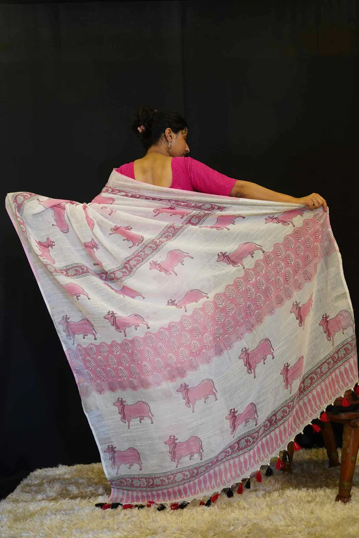 White Beautiful Soft Cotton Mulmul Pichwai Block Printed With Border Wrap In One Minute Saree