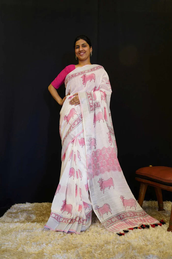 White Beautiful Soft Cotton Mulmul Pichwai Block Printed With Border Wrap In One Minute Saree