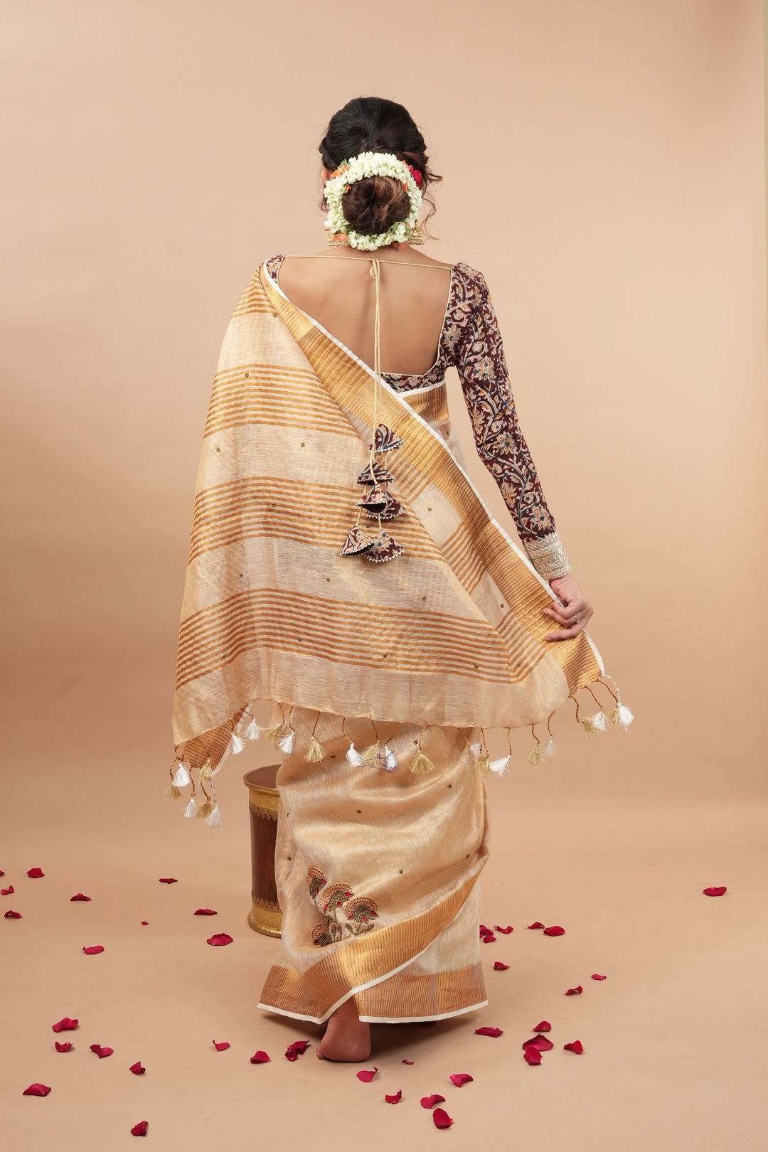 Tissue Linen Saree in Tan Tissue with  Bead and embroidery handwork
