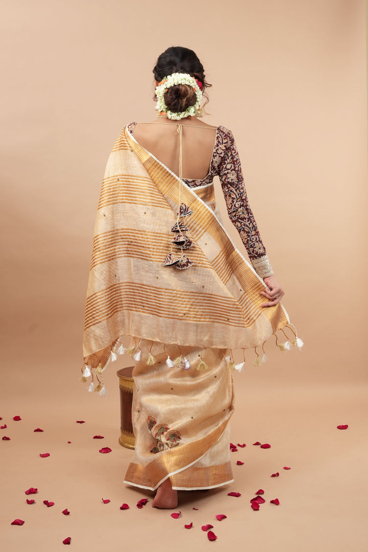 Tissue Linen Saree in Tan Tissue with  Bead and embroidery handwork