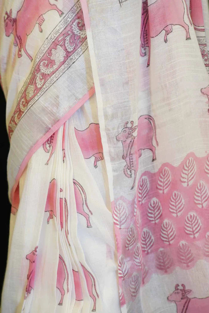 White Beautiful Soft Cotton Mulmul Pichwai Block Printed With Border Wrap In One Minute Saree