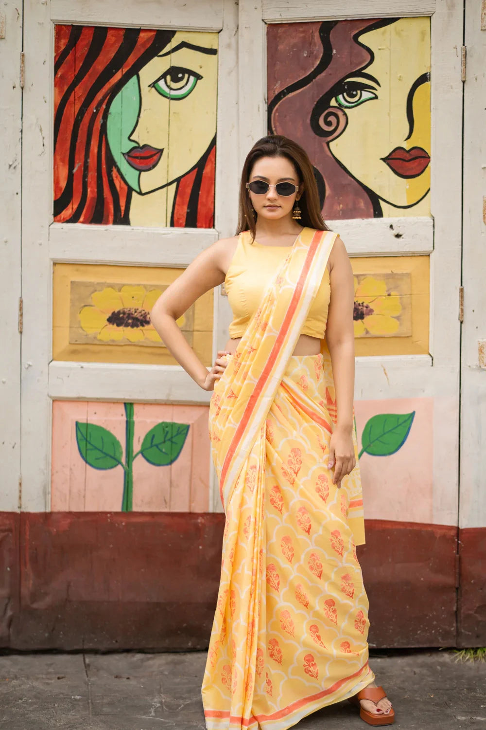 Yellow Floral Hand Block Print Saree | SHOBITAM