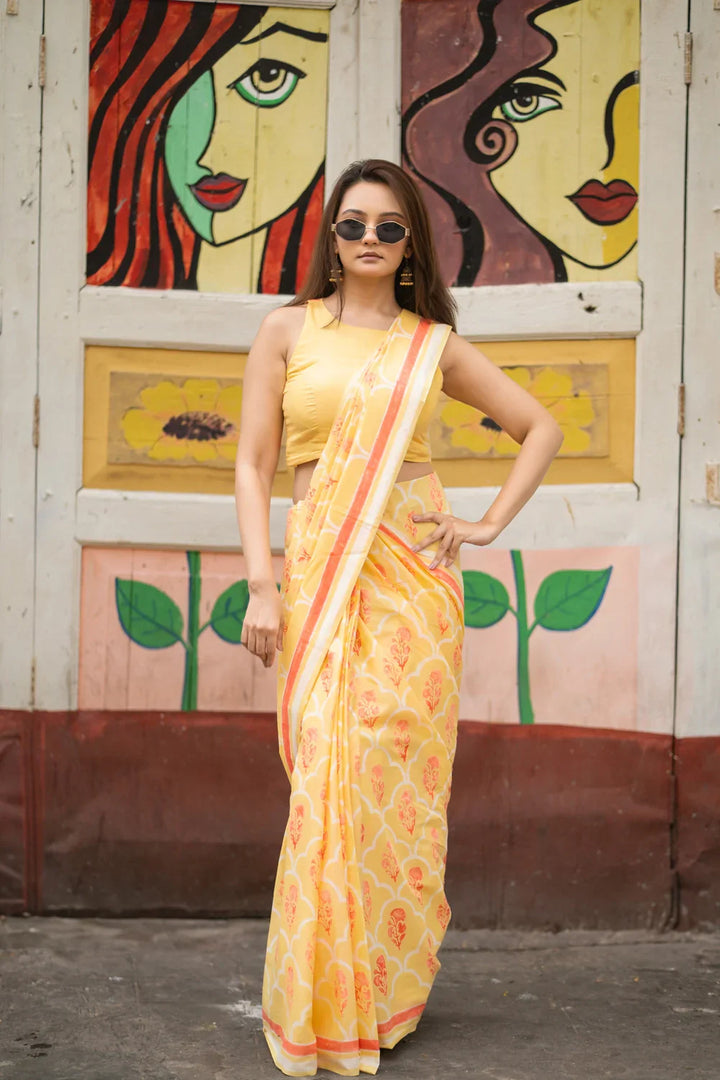 Yellow Floral Hand Block Print Saree | SHOBITAM