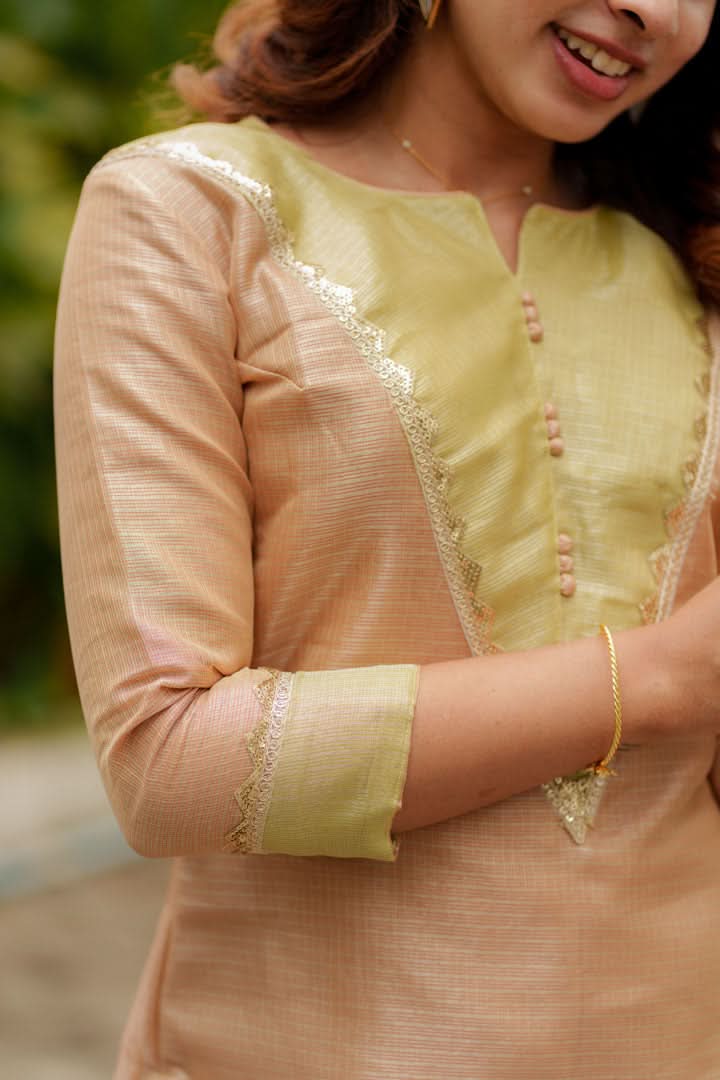 Abhinaya Beige Kurti, Pant, and Dupatta 3-Piece Set | Made to Order