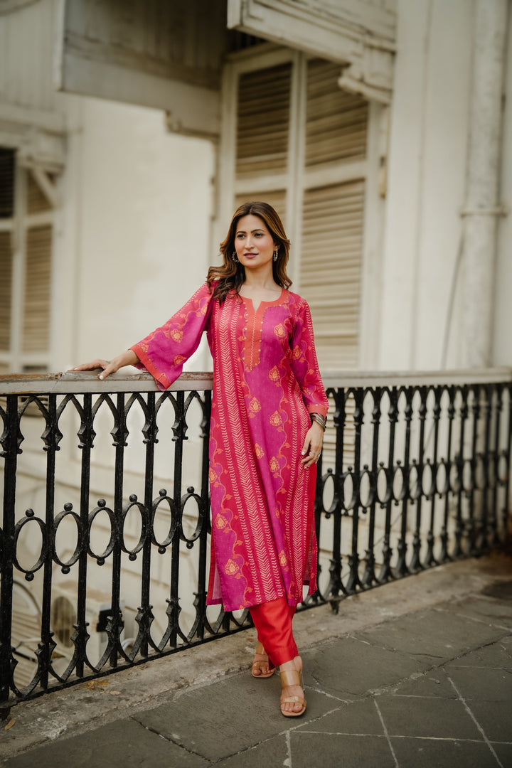 Pink and Orange Panel Print Muslin Kurta Set with Tassels on Sleeves- SET OF-2 | SHOBITAM