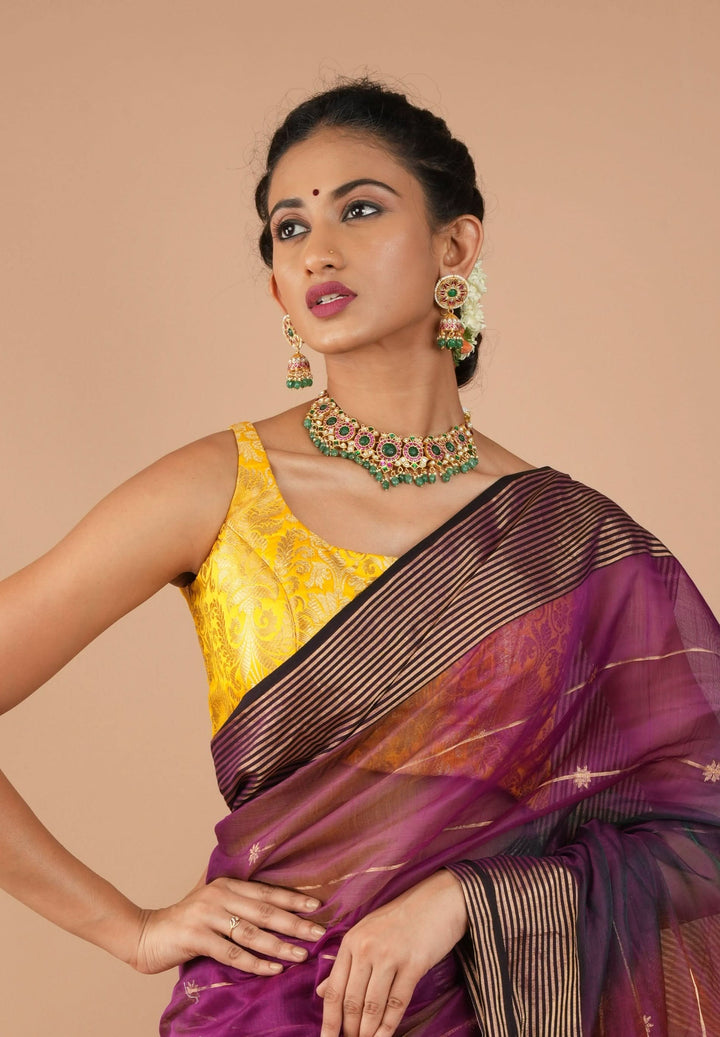 Yellow Banarasi brocade sleeveless mix and match blouse, customizable, made-to-order