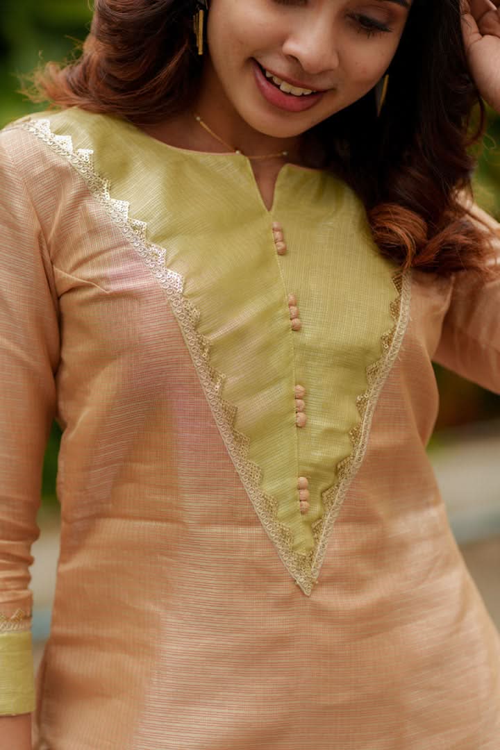 Abhinaya Beige Kurti, Pant, and Dupatta 3-Piece Set | Made to Order