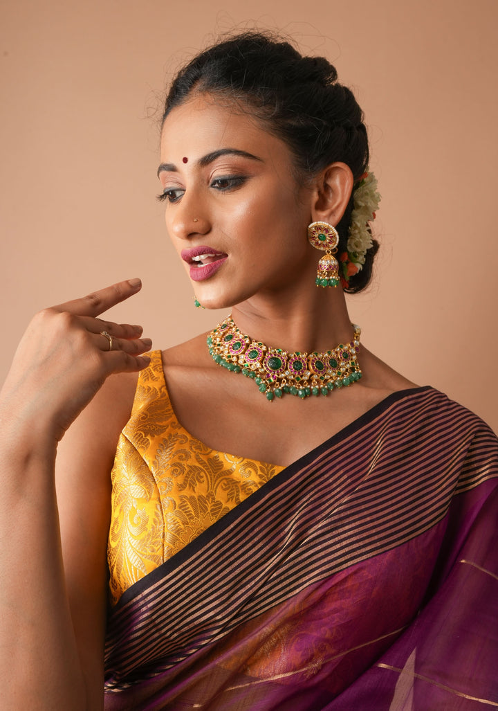 Yellow Banarasi brocade sleeveless mix and match blouse, customizable, made-to-order