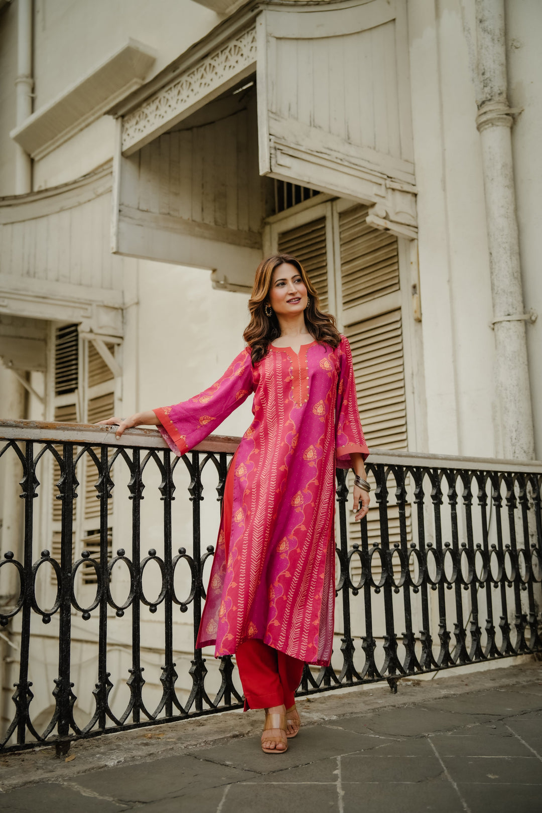 Pink and Orange Panel Print Muslin Kurta Set with Tassels on Sleeves- SET OF-2 | SHOBITAM