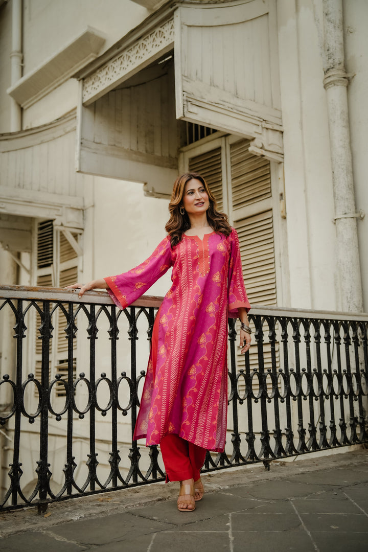 Pink and Orange Panel Print Muslin Kurta Set with Tassels on Sleeves- SET OF-2 | SHOBITAM