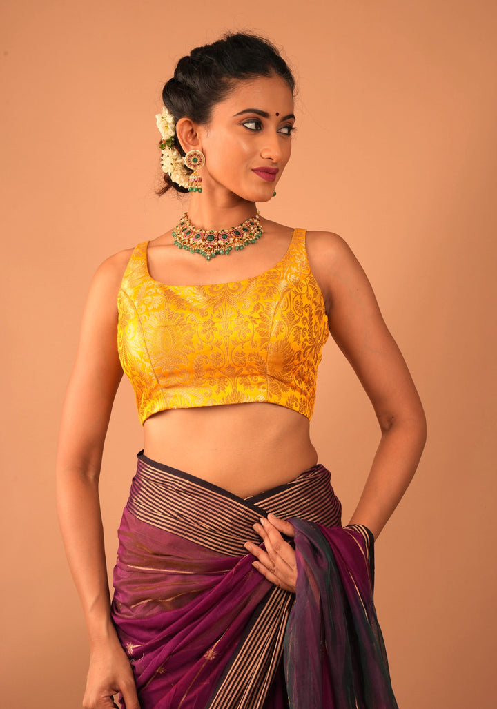 Yellow Banarasi brocade sleeveless mix and match blouse, customizable, made-to-order