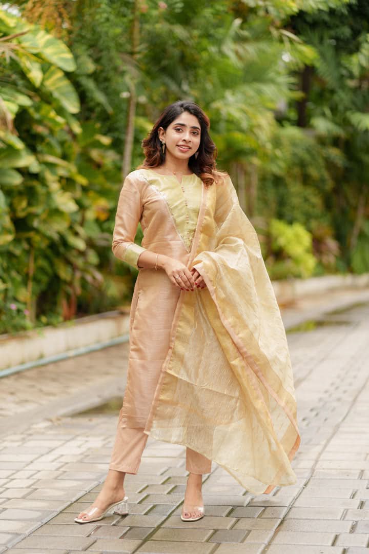 Abhinaya Beige Kurti, Pant, and Dupatta 3-Piece Set | Made to Order