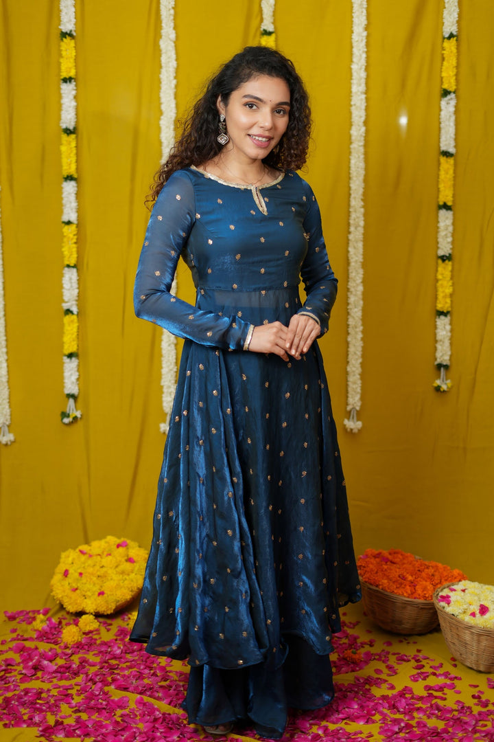 Pirainila Teal Anarkali Kurta (Set of 2) | Made to Order | SHOBITAM