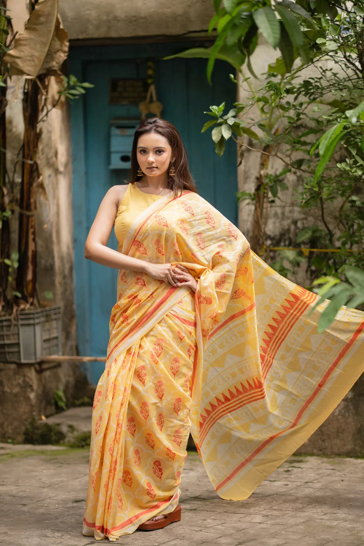 Yellow Floral Hand Block Print Saree | SHOBITAM