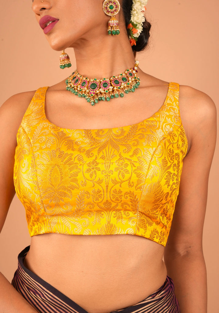 Yellow Banarasi brocade sleeveless mix and match blouse, customizable, made-to-order