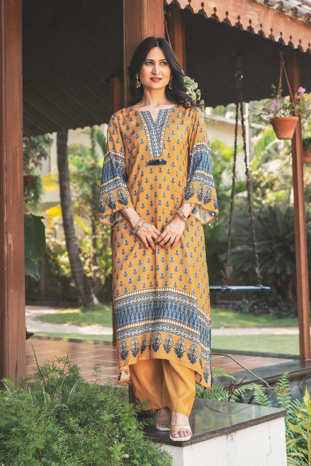 Yellow and Blue Block Print with Tassels Muslin C cut Kurta Pant Set- SET OF-2 | SHOBITAM