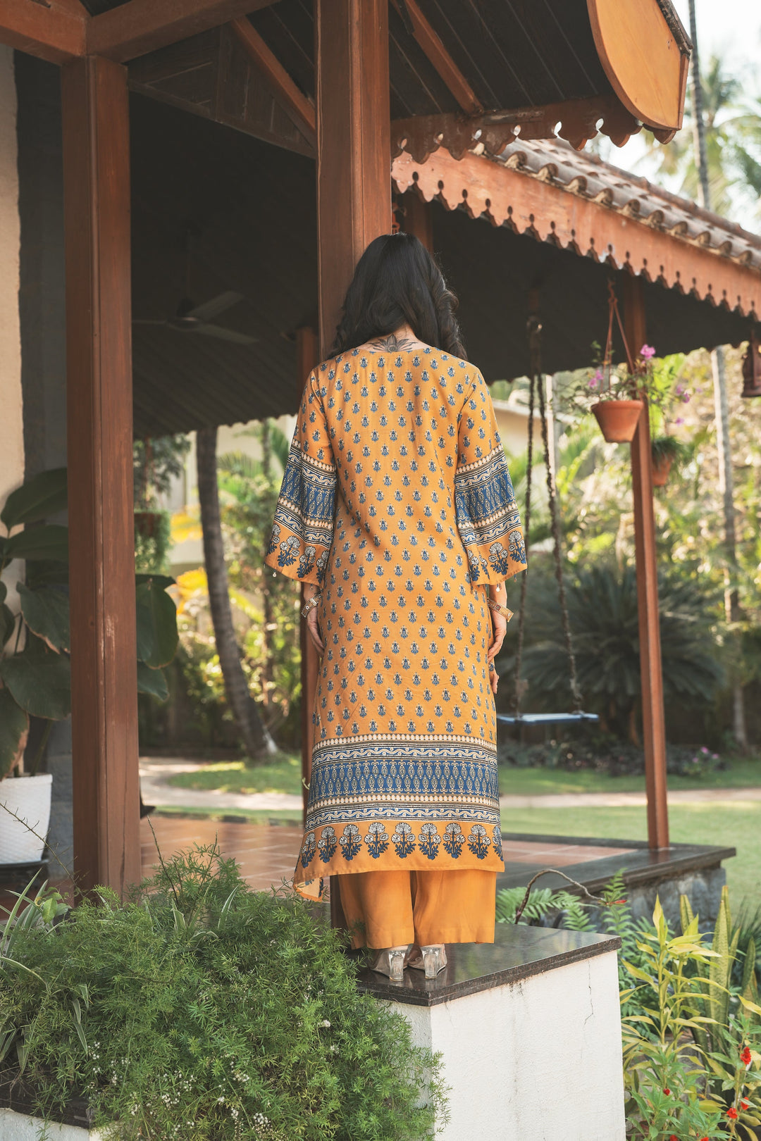 Yellow and Blue Block Print with Tassels Muslin C cut Kurta Pant Set- SET OF-2 | SHOBITAM